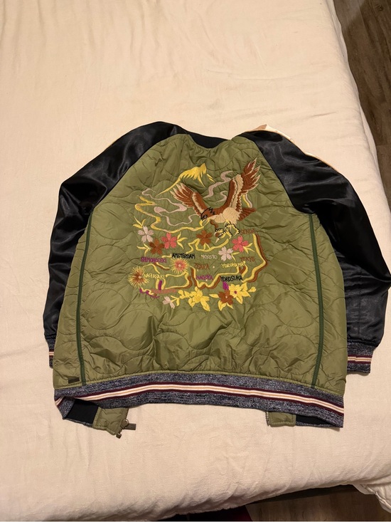 Scotch & Soda Jackets & Blazers - Scotch & Soda Olive Green and Black Quilted Bomber Jacket with Embroidered Eagle